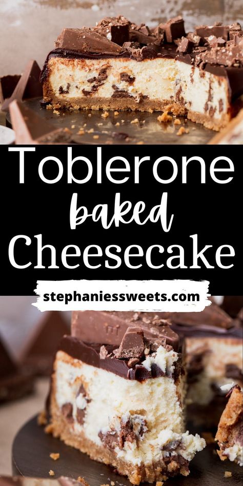 This Toblerone cheesecake is a creamy cheesecake filled with chopped Toblerones. On top, there is chocolate ganache and more Toblerone pieces. Toblerone Dessert Recipe, Toblerone Dessert, Toblerone Recipes, Cheesecake Recipes Christmas, Toblerone Cheesecake Recipe, Toblerone Cheesecake, Mint Cheesecake, Simple Family Meals, Deserts Easy