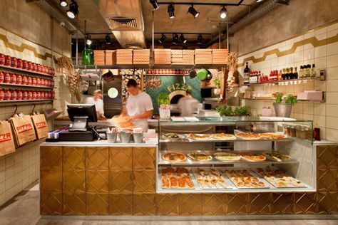 Pizza place by Dan Troim, Tel Aviv – Israel » Retail Design Blog - tiles Pizza Display, Pizza Project, Pizza Store, Pizzeria Design, Deli Cafe, Square Pizza, Small Pizza, Bakery Interior, Decoration Patisserie