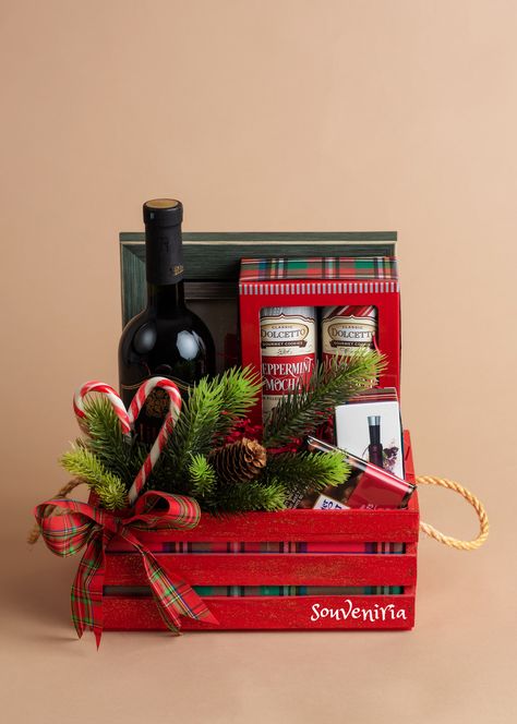 “Wine-ter Wonderland” | Souveniria Xmas Box Ideas, Wine Gift Box Ideas Christmas, Wine Basket Gift Ideas Christmas, Wine Christmas Gifts Basket, Box Present Ideas, Wine Gifts Ideas, Christmas Present Decorations, Christmas Gift Box Ideas, Christmas Basket Gift Ideas