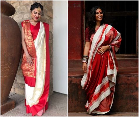 Taant Sarees for Durga Puja Red And White Saree, Fashion Definition, Bengali Saree, Formal Saree, Kids Party Wear Dresses, Dress Illustration, Handloom Weaving, Saree Poses, Jamdani Saree