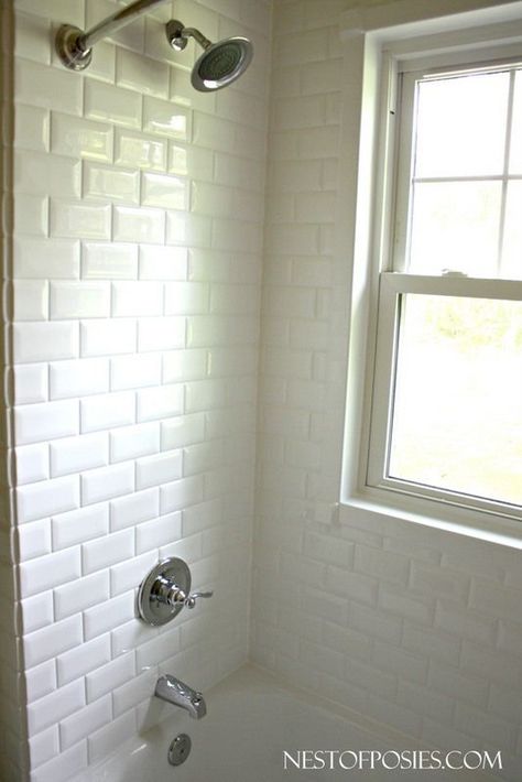 Adding a shower head to a bathtub with faux subway tile (ReBath) Subway Tile Shower Tub, Bathroom White Subway Tile, Shower Tub Surround, White Subway Tile Shower, Bathtub Surround, Subway Tile Showers, Faux Tiles, Refinish Bathtub, Window In Shower