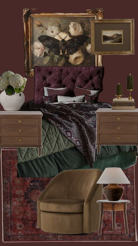 Plum And Emerald Bedroom, Moody Earth Tone Bedroom, Bedroom Ideas Mauve, Dark Mauve Bedroom, Mauve Pink Bedroom, Moody Purple Bedroom, Deep Purple Bedroom, Plum Bedroom Ideas, Dark Purple Room