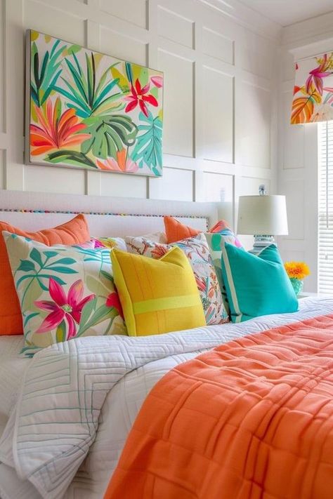 Summer Bedroom Decor, House Bedroom Ideas, Summer Bedroom, Tropical Bedrooms, Colourful Living Room, Bedroom Refresh, Summer Home Decor, Room Makeover Bedroom, Winter Home Decor