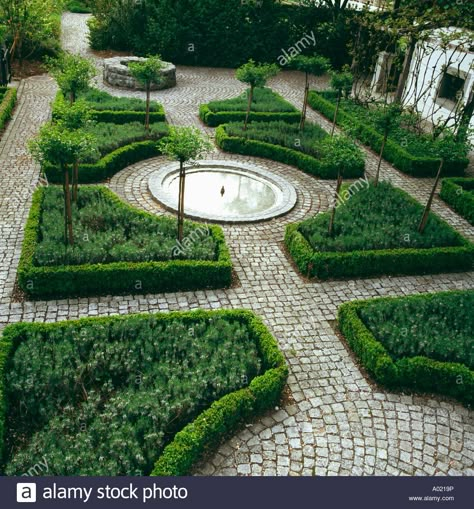 Download this stock image: Aerial view of formal knot garden with box-edged beds and paving paths with central circular pond - A0219P from Alamy's library of millions of high resolution stock photos, illustrations and vectors. Brick Paths, Circular Garden, Knot Garden, Formal Garden Design, Parterre Garden, Boxwood Garden, Topiary Garden, Formal Garden, Garden Design Plans