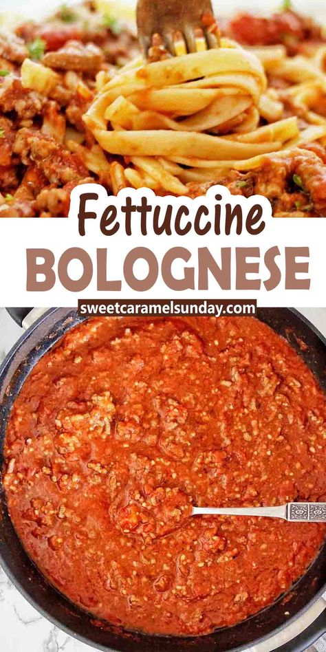 Fork being twirled in fettuccine bolognese with black pan of the same underneath. Text indicating 'fettuccine bolognese' between 2 images. Fettuccine With Meat Sauce, Beef Fettuccine, Fettuccine Bolognese, Easy Spaghetti Bolognese, Cold Pasta Dishes, Ground Beef Pasta Recipes, Fettuccine Recipes, Rigatoni Recipes, Favorite Pasta Recipes