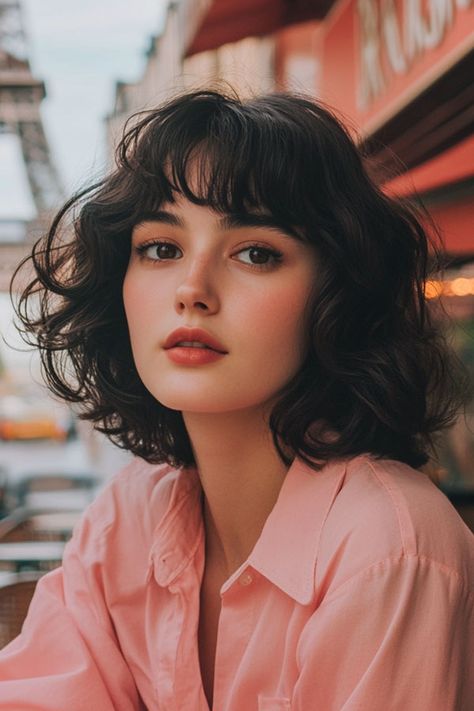 40 Cute Short Haircuts & Hairstyles : Rich Brown Pixie with Side-Swept Bangs Side Part French Bob, Dark Bob With Bangs, Parisian Haircut, Short Haircut Layers, Short French Bob With Bangs, French Short Hair, Curly French Bob With Bangs, French Bob Haircut With Bangs, French Bob Curly Hair