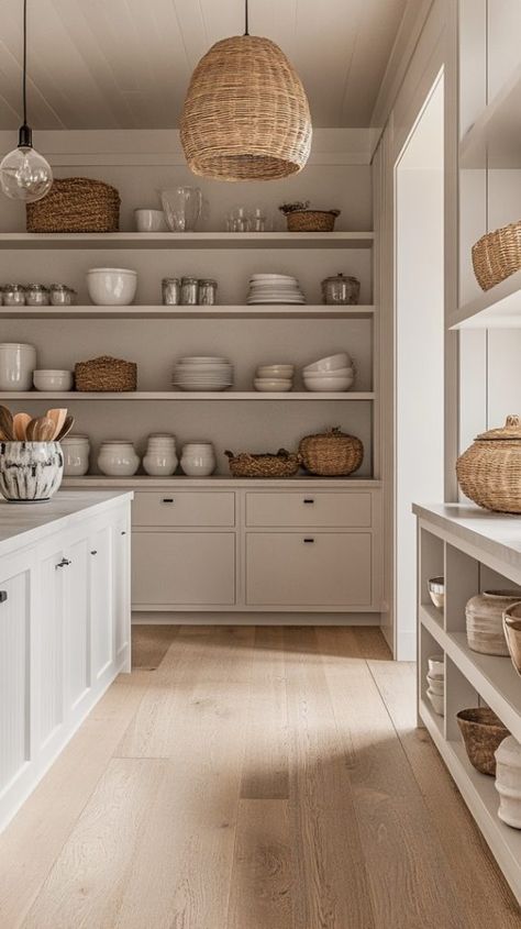 Small Pantry Shelving, Creating A Pantry, Open Shelf Pantry, L Shaped Pantry, Garage Pantry, Under Shelf Lighting, Rustic Pantry, Beautiful Kitchenware, White Pantry