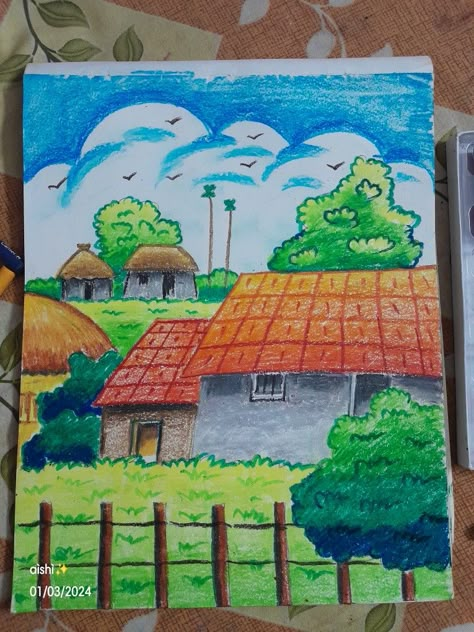 Village scenary Village Life Drawing, Intermediate Drawing, Village Scene Drawing, Scenery Drawing For Kids, Oil Pastel Landscape, Village Scenery, Village Drawing, Memory Drawing, Hand Art Kids