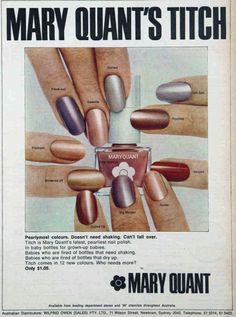 Mary Quant's Titch. Nail Polish Colours. 1968 90s Nail Polish Ads, 1960s Nail Polish Colors, Vintage Nail Polish Ads, 90s Nail Polish Colors, 60s Nails 1960s, 1960 Nails, 1940s Nails, 1970s Nails, 1960s Nails