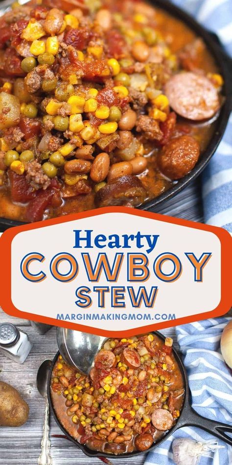 If you need an easy meal, this cowboy stew is it! Ground beef, sausage, beans, and veggies cook in a flavorful broth, creating a simple stove top stew your family will love! It's stick to your ribs goodness. Beef Kielbasa, Texas Cowboy Stew, Stove Top Soup Recipes, Kielbasa Potatoes, Ground Beef Stew Recipes, Make With Ground Beef, Cowboy Stew, Ground Beef Stews, Texas Cowboy