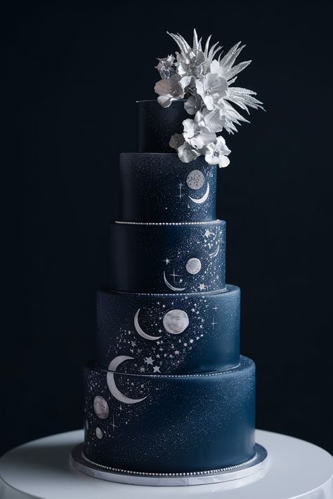 Starry Night Elegance: Luxurious Dark Blue Birthday Cake Dark Blue Birthday Cake, Under The Stars Quinceanera Theme, Midnight Birthday, Celestial Wedding Theme, Blue Birthday Cakes, Dark Blue Wedding, Sweet Sixteen Birthday Party Ideas, Starry Night Wedding, Starlit Sky