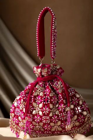 Shop for Eena Ziva Gota Embellished Potli Bag Online at Aza Fashions Arm Candies, Satin Quilt, Handmade Fabric Bags, Potli Bag, Potli Bags, Bridal Clutch, Beaded Handbag, Ribbon Work, Pattern Glass