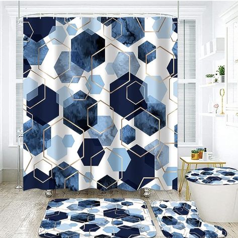 LQCOOL 4Pcs Sky Blue Shower Curtain Set Modern Art Geometric Bathroom Set Navy Blue Abstract Bathroom Curtain Set with 12 Hooks, Bathroom Carpet Bath Mat and Toilet Rugs Bathroom Curtain Set, Geometric Shower Curtain, Bathroom Curtain, Shower Curtain Set, Blue Bathroom, Bath Mat, Shower Curtain, Modern Art, Navy Blue