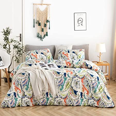 YuHeGuoJi Floral Duvet Cover Queen Boho 100% Cotton Paisley Duvet Cover Set 3 Pcs 1 Bohemian Flower Pattern Duvet Cover with Zipper Ties 2 Pillowcases Soft Orange Blue Bedding Breathable Lightweight Orange Blue Flowers, Bohemian Style Bedroom, Bohemian Bedding Sets, Paisley Duvet, Flower Duvet Cover, Bedding Master, Boho Duvet Cover, Boho Duvet, Pattern Bedding