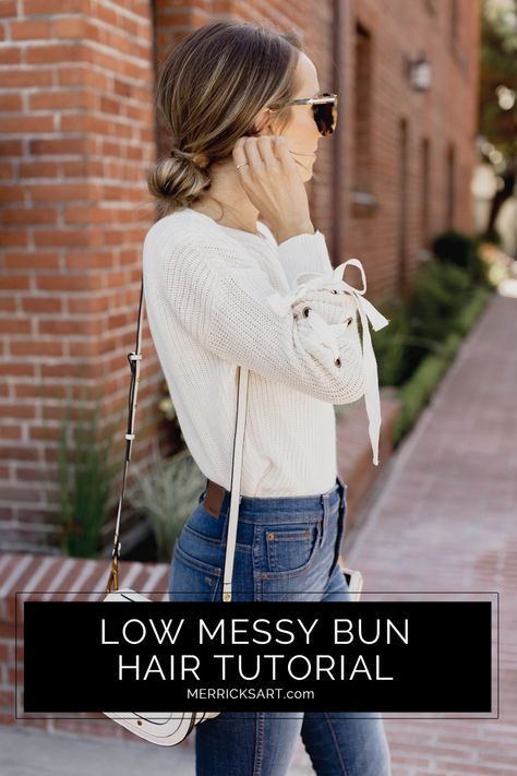 Low Messy Bun Hair Tutorial | Merrick's Art Low Everyday Bun, Work Bun Hairstyles Simple, Everyday Low Bun Hairstyles, Easy Work Day Hairstyles, Workday Hairstyles Simple, Everyday Low Bun, Easy No Wash Hairstyles, Unwashed Hairstyles For Work, Teacher Updo Hairstyles