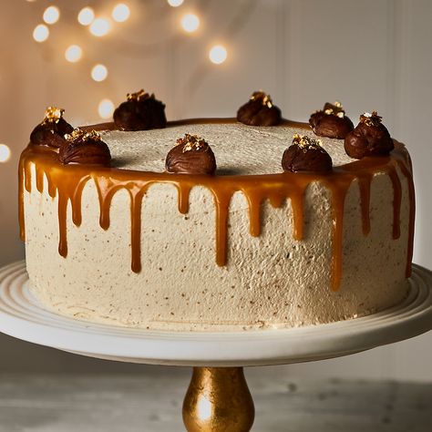 Maple Layer Cake with Chestnut Cream Recipe | Recipes from Ocado Chestnut Cake Recipe, Edd Kimber, Mini Meringues, Chestnut Cream, Edible Gold Leaf, Roasted Chestnuts, Charcuterie Platter, Edible Gold, Caramel Cake