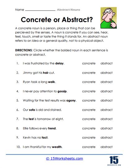 Concrete or Abstract Worksheet - 15 Worksheets.com Parts Of Speech Poem, Concrete And Abstract Nouns, Personal Pronouns Worksheets, Plurals Worksheets, Conjunctions Worksheet, Concrete Nouns, Teaching Weather, Nouns Activities, Abstract Nouns