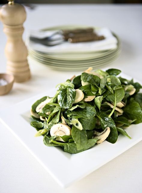 Spinach and Mushroom Salad - Dish Mushrooms Salad, Spinach And Mushroom, Spinach Mushroom, New Zealand Food, Mushroom Salad, Salad Dishes, Artisan Food, Spinach Stuffed Mushrooms, In Season Produce