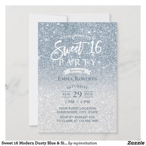 Sweet 16 Invitations Blue, Glitter Sweet 16, Sweet 17, Silver Invitation, 16th Birthday Invitations, Silver Ombre, Blue Invitation, 40th Birthday Invitations, Sweet 16 Birthday Party