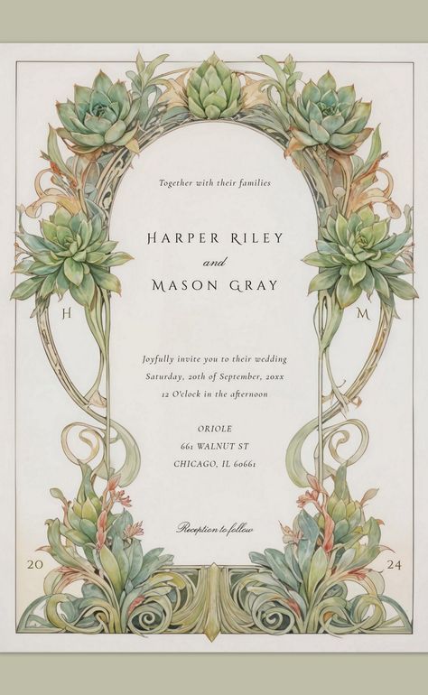 Succulents Nouveau Wedding Invitation #ArtNouveauWeddingInvitations Nouveau Invitation, Art Nouveau Invitation, Art Nouveau Theme, Art Nouveau Wedding Invitation, Sophisticated Wedding Invitations, Art Nouveau Wedding, Green Succulents, Nouveau Wedding, Art Nouveau Weddings