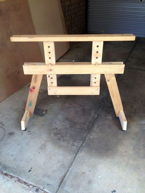 Saw Horses Ideas, How To Build Saw Horses, Diy Saw Horse, Adjustable Height Saw Horses, Diy Wooden Sawhorses, Folding Saw Horse Plans, Saw Horse, Garage Workshop Organization, Workshop Organization