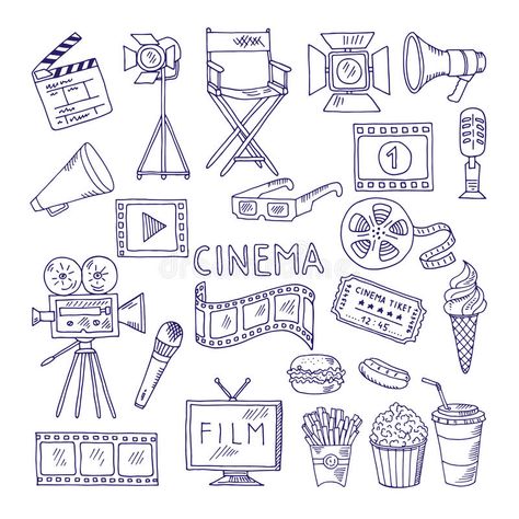 Cinematography doodle set. Video movie entertainment icons. Video cinema multimedia, movie film illustration stock illustration Tv Vector, Notesbog Design, A Serbian Film, Background Camera, Bullet Journal Headers, Sketch Note, Arte Doodle, Bullet Journal Themes, Bullet Journal Writing