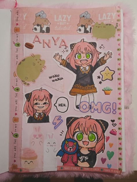 First Page Of Sketchbook Ideas Drawing, Sketchbook Ideas Anime, Anya Journal, About Me Drawing, Anya Drawing, Book Cover Art Diy, Funny Stick Figures, Creepy Cat, Anime Journal