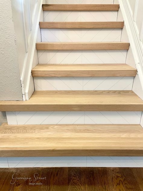 Diy Wood Stair Treads, Replacing Stair Treads Diy, Wood Stair Risers, Wood Stair Treads And Risers, Diy Stair Flooring, Stair Makeover Cheap, Farmhouse Stair Treads, Oak Stair Treads, Exposed Stair Treads