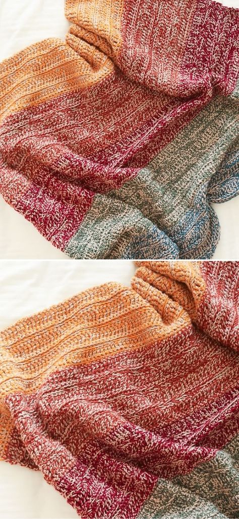 Self Striping Crochet Blanket, Fall Colored Crochet Blanket, Self Striping Yarn Crochet Blanket, Crochet Fall Blanket Free Pattern, Summer Blanket Crochet, Twin Size Crochet Blanket Pattern Free, Twin Size Crochet Blanket, Crochet Twin Size Blanket, Crochet Ombre Blanket