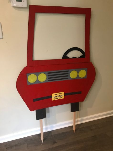 Red car, photo Booth For Transportation Birthday party! Cardboard Car Photo Booth, Car Cutout Photo Prop, Diy Car Photo Booth Frame, Cardboard Drive In Movie Car, Drive In Movie Cardboard Box Cars, Transportation Birthday Party, Transportation Birthday, Red Car, Red Color