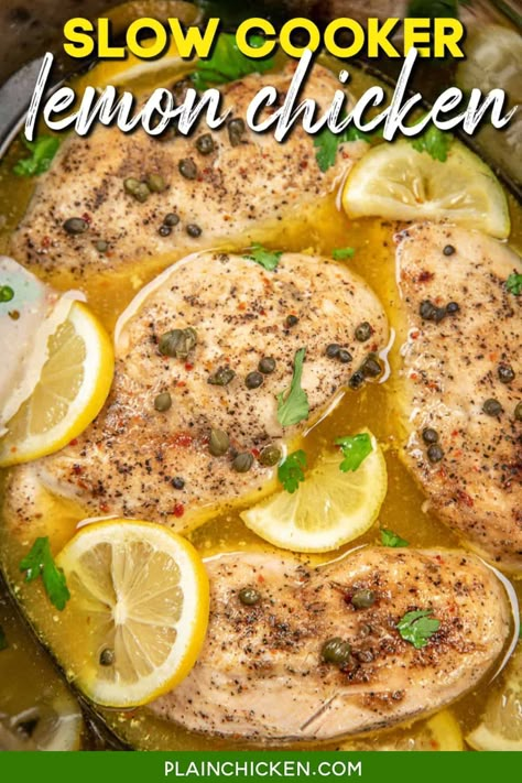 Slow Cooker Lemon Chicken Recipe – a super simple dish that packs TONS of great flavor! Chicken, garlic, lemon, Italian dressing mix, capers, and chicken broth. Serve the chicken over pasta or potatoes with a salad. Don't forget to spoon the sauce in the slow cooker over your plate - SO GOOD! Chicken Over Pasta, Lemon Chicken Crockpot, Crockpot Lemon Chicken, Easy Crock Pot Recipes, Healthy Lemon Chicken, Slow Cooker Lemon Chicken, Chicken Breast Slow Cooker, Chicken Breast Crockpot Recipes, Crockpot Chicken Breast