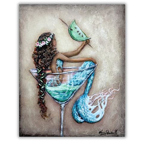 Martini Glass Art, Mermaid Paintings, Beach House Art, Kitchen Decor Wall Art, Black Mermaid, Mermaid Decor, Mermaid Print, Coastal Kitchen, Cute Mermaid