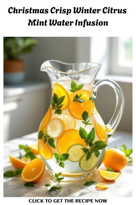 Crisp winter citrus mint water infusion that refreshes while celebrating seasonal flavors. Winter Citrus Recipes, Citrus Infused Water, Holiday Infused Water, Fall Infused Water Recipes, Winter Infused Water Recipes, Refresher Recipes, Citrus Water, Water Infusion, Christmas Mocktails