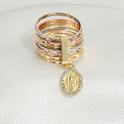 14k Gold Plated Tricolor Virgen Mary 7 Bangle Ring For Women New-Anillo Semanario De Guadalupe Baado En Oro 14k Size 9 New Offers Accepted Kunzite Ring, Spike Ring, 14k Gold Plated Jewelry, Fashion Rings Silver, Brown Acrylic, Pretty Jewelry Necklaces, Blue Diamond Ring, Bangle Ring, Gold Ring Designs