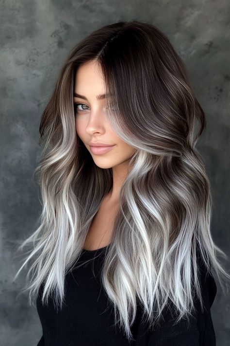 19 Stunning Dark Brown Hair Balayage Ideas to Try Now Hair Color Ideas For Brunettes Platinum, Ash Brown Color Melt, Pretty Balayage Hair, Blonde Balayage With Dark Underneath, Dark Hair Icy Blonde Highlights, Dark Roots With Blonde Balayage, Silver And Dark Brown Hair, Brown To Gray Balayage, Ashy Blonde With Dark Roots