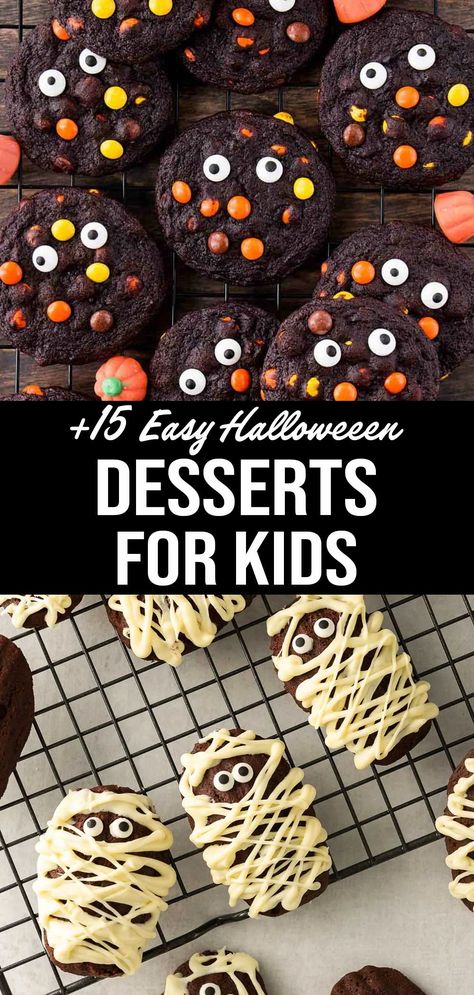 Looking for some cute and spooky Halloween dessert ideas? Look no further. Here is a handpicked collection of 15+ easy and yummy treats for you and your kids to have some fun making, and even more fun eating! Halloween Desserts For Kids Party, Fall And Halloween Baking Ideas, Cute Fall Desserts For Kids, Easy Halloween Snacks For Party Kids, Easy Treats For Halloween, Halloween Bakes Kids, Eggless Halloween Desserts, Easy School Halloween Treats, Spooky Easy Desserts