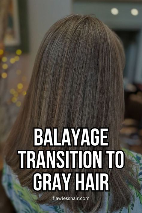 Balayage Transition To Gray Hair Mushroom Gray Balayage, Brown Hair Transition To Gray, Going From Brown To Grey Hair, Hair Color Transition To Gray, Letting Gray Hair Grow Out Coloring, Balayage For Graying Hair, Grey Hair Growing Out Transition, Mushroom Gray Hair Color, Brunette Transition To Grey