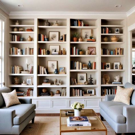 Built In Bookcase Floor To Ceiling, Bookshelves In Basement, Basement Bookcase Wall, Built In Bookcase Living Room Library Wall, Whole Wall Bookshelves Living Room, Library Shelf Styling, Study With Built In Bookshelves, Book Shelves With Desk, Study Room Bookshelves