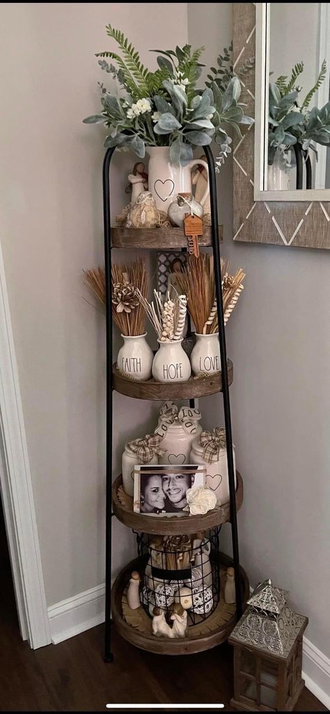 Four Tier Shelf Decor, Hobby Lobby Tall Tiered Tray, Hobby Lobby Tiered Shelf, Hobby Lobby Tiered Shelf Decor, Decorating 2023, Corner Shelf Decor, Halloween Dollhouse, Tiered Shelf, Shelf Decor Living Room