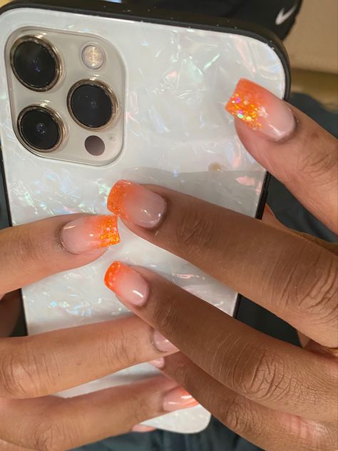 Orange Sparkle French Tip Nails, Sparkle Orange Nails, Orange Nails Sparkle, Orange Glitter Ombre Nails, Sparkly Orange Nails, Orange Sparkle Nails, Orange Glitter Nails, Acrylic Ombre, Short Summer Nails