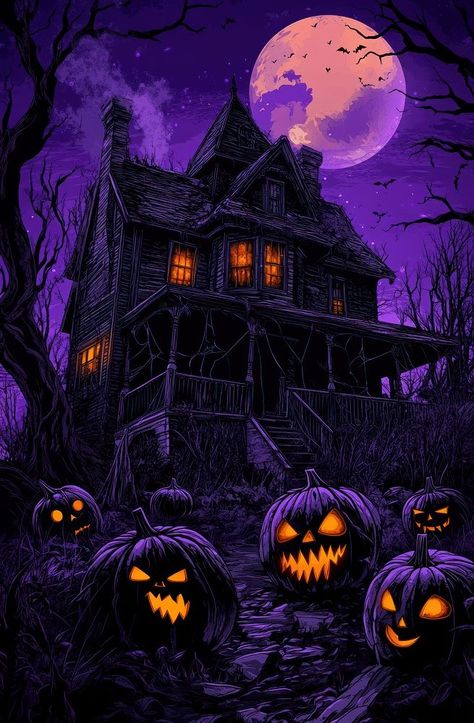 A haunted house in the woods halloween pumpkins glowing. | free image by rawpixel.com / Pitcha Benrohman Cool Halloween Backgrounds, Halloween House Wallpaper, Halloween Haunted House, Hunted House, Halloween Scary, Haunted House Art, Halloween House Background, Haunted House Fantasy Art, Haunted House Background