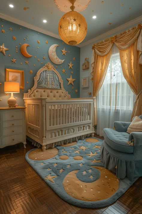 50 Gorgeous Baby Girl Nursery Designs for a Magical Wonderland Pink Themed Nursery, Storybook Nursery Theme Decor, Cow Over The Moon Nursery, Cute Nursery Decor, Stevie Nicks Nursery, Nursing Corner In Nursery, Nursery Ideas Celestial, Celestial Nursery Ideas, Whimsigoth Baby Nursery