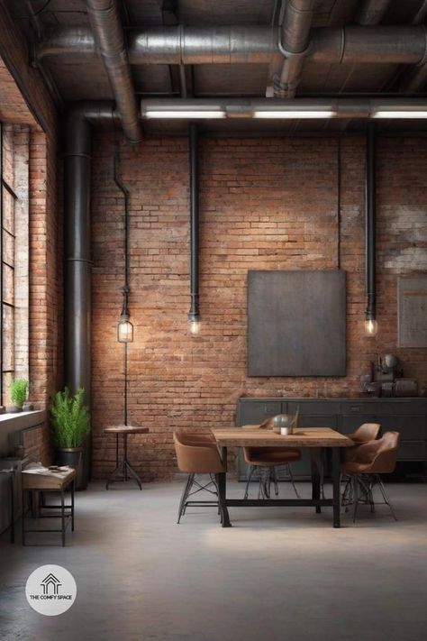 Stuck in a decor rut? Industrial style might just be your answer! With its raw edges and bold elements, it's a true standout. Think exposed brick and striking metal. Perfect for any room makeover. Our guide is packed with tips on furniture, lighting, and more. Let's turn your space into the industrial dream you've been craving. Ready to dive in? #IndustrialAesthetic #DecorGoals #InteriorInspiration #HomeMakeover #DesignDreams#IndustrialAesthetic #DecorGoals #InteriorInspiration #HomeMakeover #DesignDreams Red Brick Interior, Exposed Brick Interior, Industrial Minimalist Interior, Industrial Office Space, Comfy Space, Industrial Chic Design, Modern Industrial Decor, Red Brick Wall, Industrial Apartment