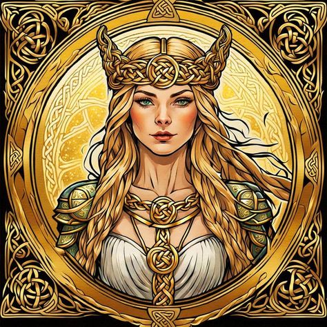 Frigga Goddess Art, Freya Goddess Tattoo Design, Freya Drawing, Viking Shield Maiden, Winter Goddess, Slavic Goddess, Freya Goddess, Viking Warrior Woman, Valkyrie Tattoo