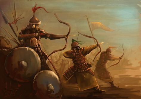 Mongolian Archers of Golden Horde Mongolian Warrior Art, Turkic Warrior, Mongolian History, Mongol Art, Persian Warrior, Golden Horde, Mughal Art Paintings, Historical Warriors, Art Style Challenge