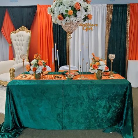 Chic Party Decor, Event Decor Ideas, Beaded Candle Holders, Sequin Curtains, Crystal Stand, Orange Curtains, Naija Wedding, Beaded Candle, Green Tablecloth