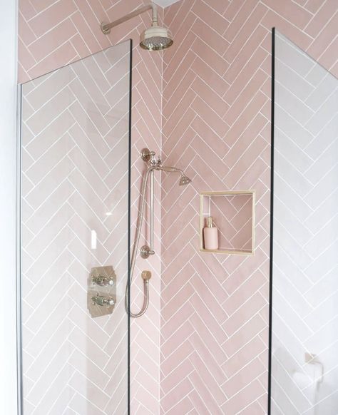 Eco Cleaning Products, Pink Tile Bathroom, Bathroom Industrial Chic, Pink Bathroom Tiles, Small Bathroom Remodel Designs, Chevron Bathroom, Eco Cleaning, Silver Bathroom, Pink Showers