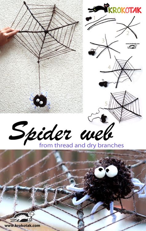 Spider web from thread and dry branches Diy Halloween Activities, Diy Paper Christmas Tree, Bricolage Halloween, Simple Holiday Cards, Halloween Kunst, Handmade Yarn, Halloween Crafts For Kids, Theme Halloween, The Spider