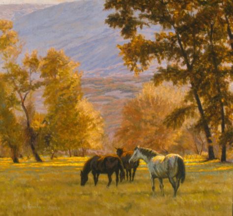 Horse Painting Landscape, Wild Horses Painting, Oil Pastel Horse, Ranch Paintings, Wild Horse Painting, Pasture Painting, Horse Landscape, Equine Artwork, Horse Oil Painting