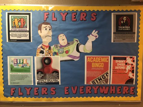 Toy Story RA Bulletin Board Diversity Bulletin Board, Res Life Bulletin Boards, Resident Assistant Bulletin Boards, October Bulletin Boards, November Bulletin Boards, College Bulletin Boards, Ra Themes, Work Bulletin Boards, Interactive Bulletin Boards